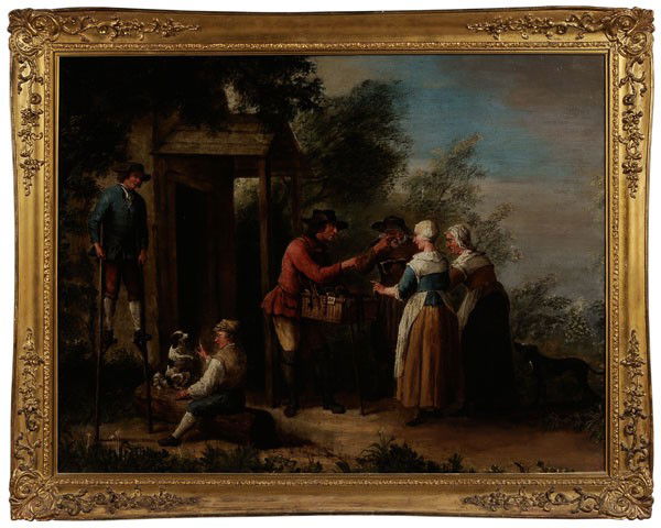 British School: (late 18th century), Peddler Selling Glasses from a Basket, unsigned, oil on canvas, 33 x 42-3/4 in., gilt wood and composition frame, restretched on old stretcher, lined, retouch scattered in backgro
