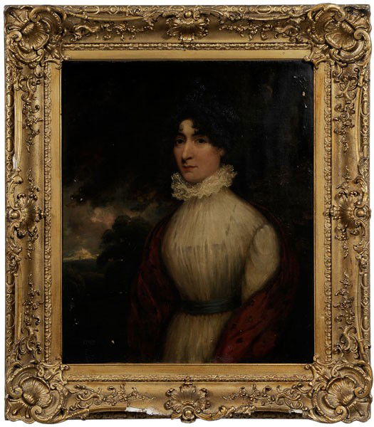 British School: (late 18th/early 19th century), Portrait of Woman in Red Wrap and Lace Dress, seated in a landscape, dated lower left "1792", oil on canvas, 25 x 30-1/4 in., 18th century style gilt wood and compositi