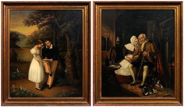 British School: (19th century), "Youth and Old Age", two oils on canvas, both unsigned, 34 x 28 in., matching 1930s painted wood frames, both laid down on plywood, minor scattered retouch, yellowed varnish, minor abr