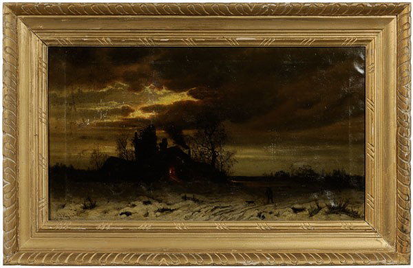 Friedrich Josef Heydendahl: (German, 1844-1906), Winter Evening, landscape with cottage with open door, figure on a track with dog, signed lower left "J. Heydendahl", oil on canvas, 14-3/8 x 25-3/4 in., carved and painted wood f