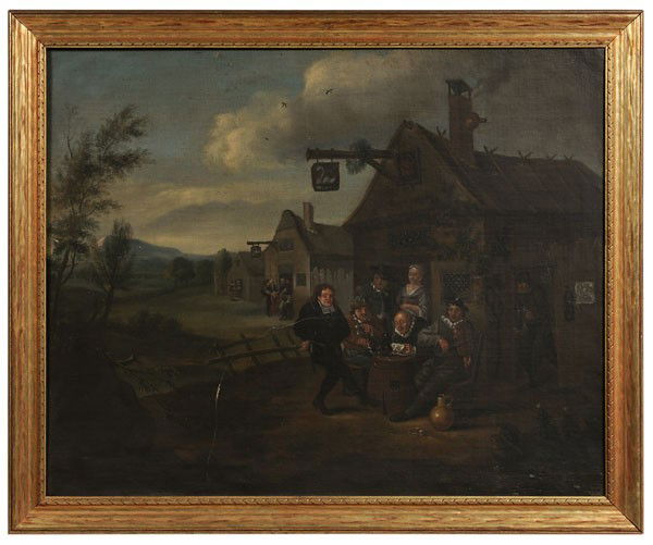 British School: (early 19th century), Revelers Outside a Tavern with Man Dancing a Jig, unsigned, oil on canvas, 24-1/2 x 31-1/4 in., gilt wood frame, restretched on old stretcher, lined, retouch lower left corner, c