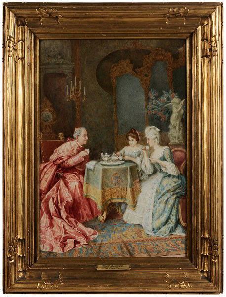 R. Moretti: (Italian, 19th century), "After Dinner", signed lower left "R. Moretti/Roma", watercolor on paper, 21-1/8 x 14-1/2 in., carved and gilt wood Newcomb-Macklin frame, very light fading, frame with abrasi