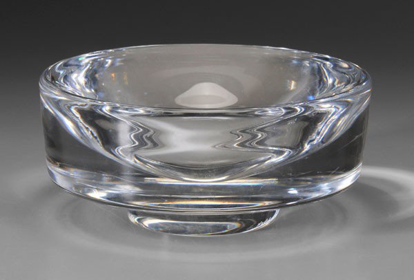 Norwegian Art Glass Bowl: mid 20th century, sloping interior with cylindrical exterior and conforming foot ring, signed at base "Hadeland W.", probably the Hadeland Glass Company, cast as one piece (heavy), 3-1/2 x 8-3/8 in., 