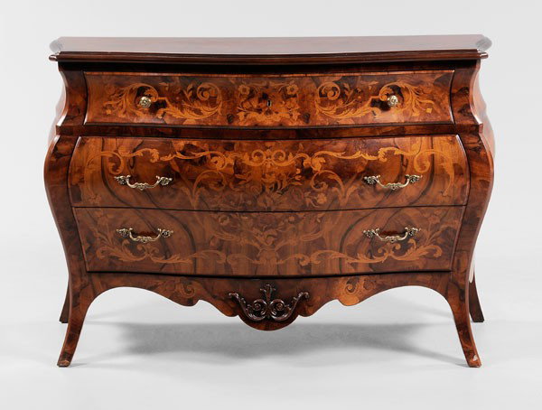 Dutch Baroque Style Marquetry Commode: modern construction, three drawers with beech secondary, 34 x 49 x 23 in., excellent condition with very minor abrasions Provenance: Private Collection, Blowing Rock, North Carolina