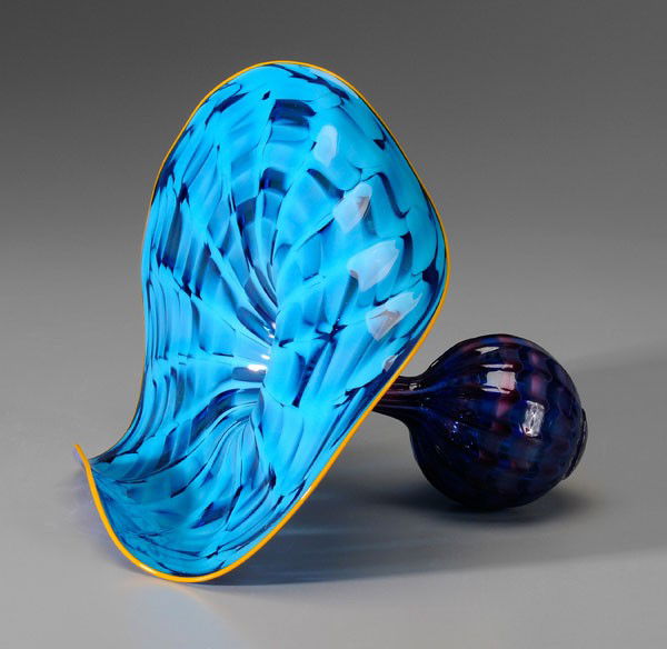 Chihuly "Paradise Persian": Glass Sculpture, American, early 21st century, fluid botanical form with combed decoration, contrasting color lip, signed "Chi…" (Dale Chihuly, born 1941), 6-3/4 in., with Plexiglas case, excellent