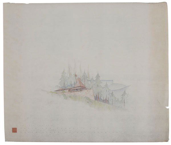 Frank Lloyd Wright Architectural: Drawings, Blueprints, (American architect and designer, 1867-1959), "House for Thomas C. Lea, Near Ashville [sic], North Carolina", all dated 1949, with artist's mark or facsimile, two drawings in col