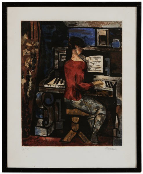 After Marcel Gromaire: (French, 1892-1971), [La Femme au piano,] edition 68/200, published by Galerie Bernheim-Jeune, signed in pencil "Gromaire", color etching and aquatint on Arches paper, 18-1/2 x 15-1/4 in. (plate), 23-