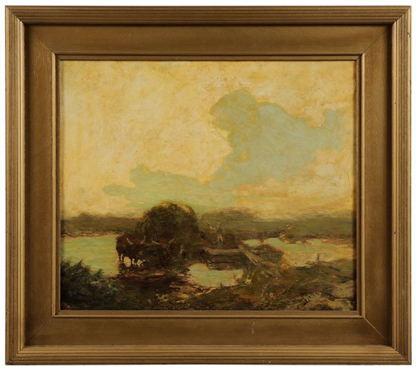 David Urquhart Wilcox: (New York, 1876-1941), "The Last Load, Salt Haying, Lyme, Connecticut", signed lower right "Urquhart Wilcox" and titled on old label verso, oil on canvas, 24-1/8 x 28 in., painted wood frame, original