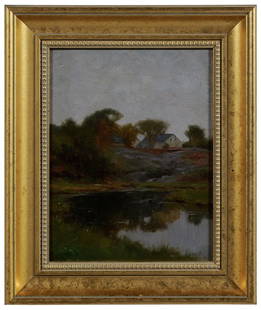 John Willard Raught: (Pennsylvania/New York, 1857-1931), Landscape with Pond and Farm, signed lower right "John Willard Raught", oil on canvas board, 13 x 10 in., gilt wood frame, laid down on fiberboard, board slightly w