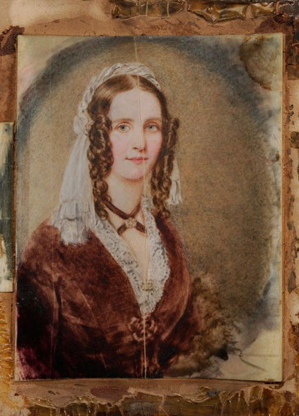 American School: (19th century), Miniature Portrait of a Woman, said to be by Thomas Sully (Pennsylvania, 1783-1872), unsigned, watercolor on ivory, 4-1/2 x 3-3/8 in., gilt oval frame, vertical splits, warpage, stain