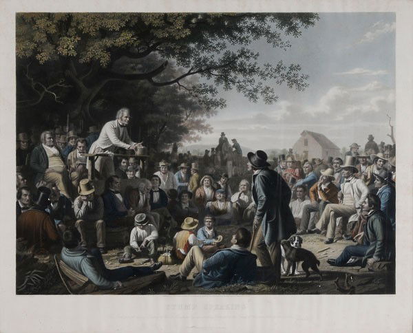 After George Caleb Bingham: (American, 1811-1879), "Stump Speaking", 1856, by Gautier, published by Goupil & Co., hand-colored engraving with mezzotint and gum arabic on paper, 26-1/2 x 32-1/2 in. (plate), 27-1/8 x 33 in. (page)