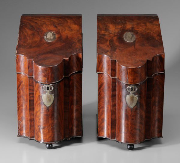 General George Patton Knife: Boxes, American, early 19th century, pair large-scale knife boxes, highly figured mahogany with American white pine secondary, astragal profile fronts with shield-shaped silver escutcheons, lids with 