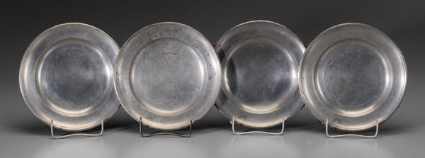 Pewter Plates, Ashbil Griswold: American, early 19th century, four matching plates, all with partial marks for Ashbil Griswold (Meriden, Connecticut, 1784-1853), 7-3/4 in., scattered dents, light corrosion, normal wear Provenance: P