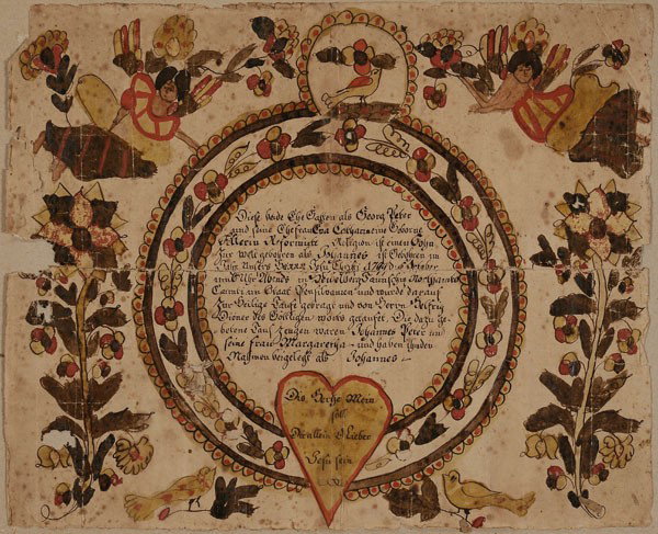 Fraktur, Blowsy Angel Artist: (Pennsylvania, active 1780-1811), Taufschein for Johannes Peter, son of Georg and Catharine Peter of Seidelberg Township, Northampton County, Pennsylvania, dated "1799, 5 October", watercolor and ink 