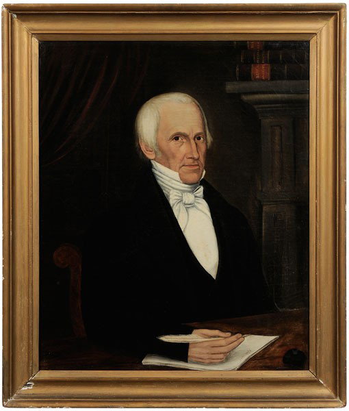 Joseph Whiting Stock: (Massachusetts, 1815-1855), Dr. Samuel Bullock of Rehoboth, Massachusetts, age 73 years (died 1861), unsigned, dated lower right on paper "April 1842", oil on canvas, 33 x 26-7/8 in., original gilt wo