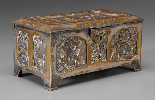 Art Nouveau Jewelry Cask: probably Continental, late 19th/early 20th century, silver plate over cast brass, panels with Art Nouveau style flowers, lid with 18th century style musicians, harpsichord, cello, and two singers, fab