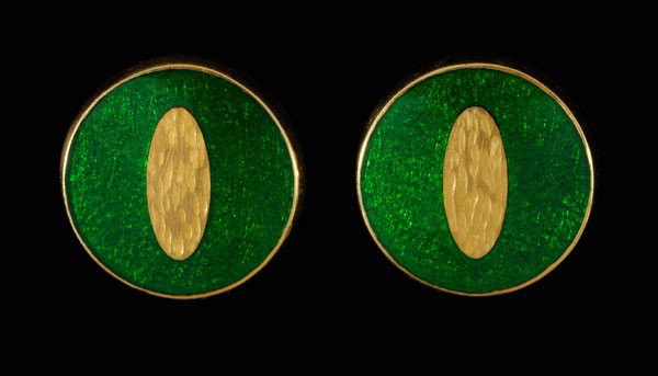 Pair Gold and Enamel Earrings: round with raised oval center embellished with green [basse-taille] enamel, 23 kt. yellow gold mounts with marks for J. Kimmel & Co., pierced post closures, 11 grams gross weight, 3/4 x 5/8 in.; insur