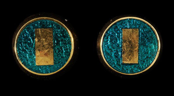 Pair Gold and Enamel Earrings: round with raised rectangular centers embellished with blue/green [basse-taille] enamel, 23 kt. yellow gold mounts with marks for J. Kimmel & Co., pierced post closures, 6.0 grams gross weight, 3/8 in