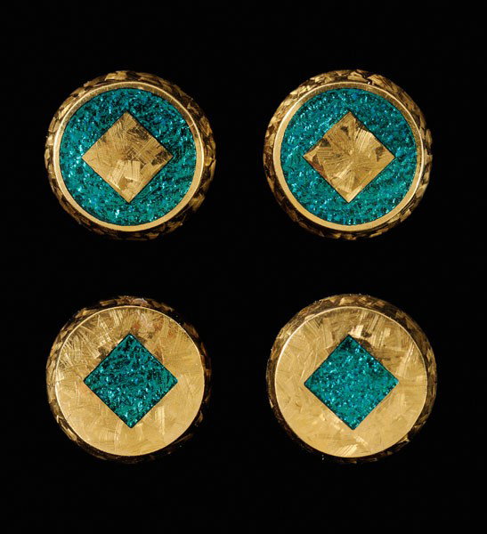 Two Pairs Gold and Enamel Earrings: one pair round with raised squares and one pair with recessed squares, both pairs embellished with blue/green [basse-taille] enamel, 23 kt. yellow gold mounts with marks for J. Kimmel & Co., 11 grams 
