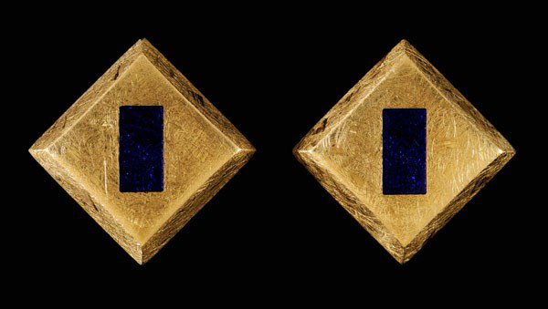 Pair Gold and Enamel Earrings: square with recessed rectangle embellished with blue [basse-taille] enamel, 23 kt. yellow gold mounts with marks for J. Kimmel & Co., pierced post closures, 8.3 grams gross weight, 5/8 in.; insurance 