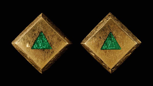 Pair Gold and Enamel Earrings: square with central recessed triangle embellished with green [basse-taille] enamel, 23 kt. yellow gold mounts with marks for J. Kimmel & Co., pierced post closures, 6.7 grams gross weight, 1/2 in.; in