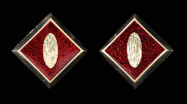 Pair Gold and Enamel Earrings: square with central raised oval embellished with dark red [basse-taille] enamel, 23 kt. yellow gold mounts with marks for J. Kimmel & Co., pierced post closures, 8 grams gross weight, 5/8 in.; insuran