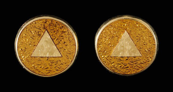 Pair Gold and Enamel Earrings: round with raised central triangle embellished with golden [basse-taille] enamel, 23 kt. yellow gold mounts with marks for J. Kimmel & Co., pierced post closures, 7.6 grams gross weight, 9/16 in.; ins