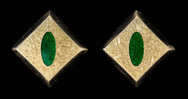 Pair Gold and Enamel Earrings: square with central recessed oval embellished with green [basse-taille] enamel, 23 kt. yellow gold mounts with marks for J. Kimmel & Co., pierced post closures, 8.5 grams gross weight, 5/8 in.; insura