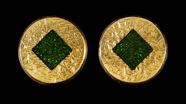 Pair Gold and Enamel Earrings: round with central recessed square embellished with green [basse-taille] enamel, 23 kt. yellow gold mounts with marks for J. Kimmel & Co., pierced post closures, 7.6 grams gross weight, 9/16 in.; insu