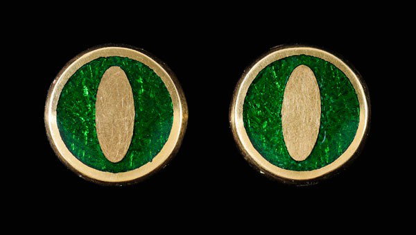 Pair Gold and Enamel Earrings: round with raised oval centers embellished with green [basse-taille] enamel, 23 kt. yellow gold mounts with marks for J. Kimmel & Co., pierced post closures, 6 grams gross weight, 3/8 in.; insurance r