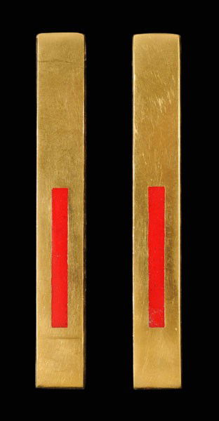 Pair Gold and Enamel Earrings: curved rectangular bars with central recessed bar embellished with red enamel, 23 kt. yellow gold mounts with marks for J. Kimmel & Co., pierced post closures, 11 grams gross weight, 1-1/2 in.; insura