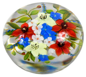 Paul J. Stankard Glass 'First Bouquet' Paperweight: American, 20th century, paperweight encasing lampworked botanically lifelike flower bouquet, with violets, forget-me-nots, St. Anthony's Fire blossoms, and leafy green foliage, cane signature "S" with