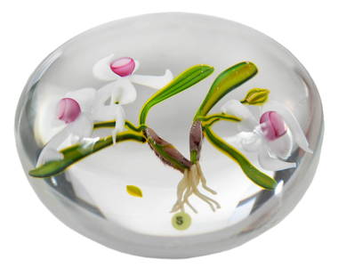 Paul J. Stankard Glass 'Cymbidium Orchid' Paperweight: American, 20th century, paperweight encasing lampworked botanically lifelike orchid, three pink and white blooms, green leaves, and roots, cane signature "S" above the inscription "Especially Pat",