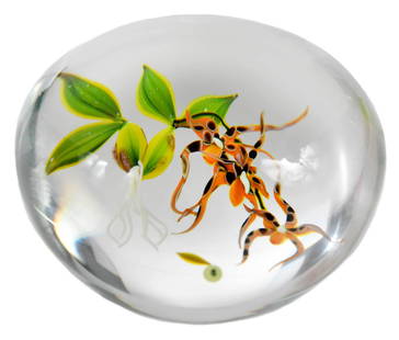 Paul J. Stankard Glass 'Spider Orchid' Paperweight: American, 20th century, paperweight encasing lampworked botanically lifelike orchid, three orange spotted blooms, green leaves, and roots, cane signature "S", 2-3/4 in. diameterProvenance: Private