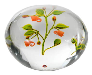 Paul J. Stankard Glass 'Touch-Me-Not' Paperweight: American, 20th century, paperweight encasing lampworked botanically lifelike plant, leafy branches with orange blooms and exploding seed pod, cane signature "S" above the inscription "362 76/AP I", 2-