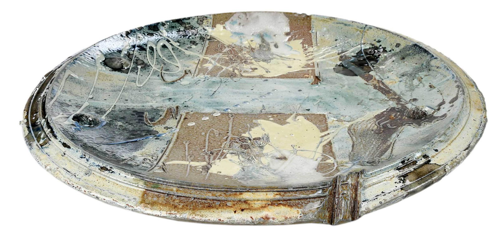 Don Reitz Ceramic Charger: (American, 1929-2014) textured, having fields of blue, ivory and brown, splattered glaze, triple border, foot ring, dated to verso "6/6/82", editioned "4/6" and signed to front and verso "Reitz", 22-1