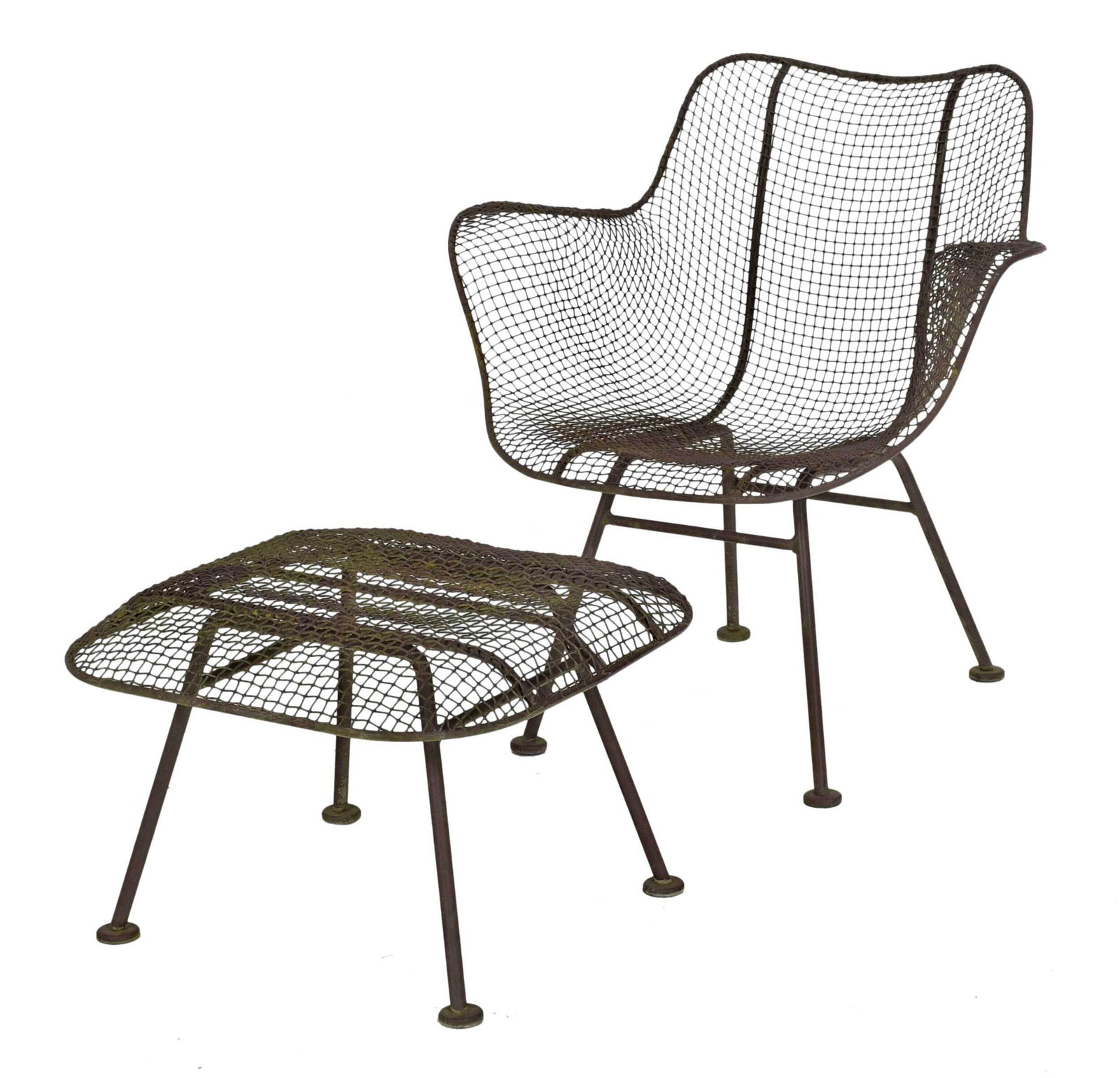 Russell Woodard Mid Century Wirework Chair and Ottoman: unsigned, wirework seats with tubular iron frames, chair 28 x 27 x 21 in., ottoman 14 x 21 x 21 in. Provenance: Private Collection, Asheville, North Carolina