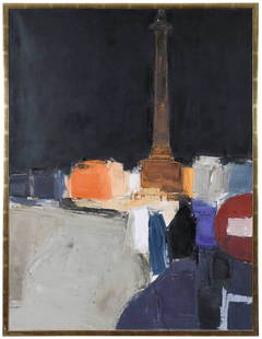 Donald Hamilton Fraser British Modernist Painting: (British, 1929-2009) Place de la Republique, 1961, signed lower left "Fraser", titled on gallery label verso, oil on canvas, 36 x 28 inches; parcel gilt wood frame, 36-7/8 x 28-7/8 in. Exhibited: Gimp