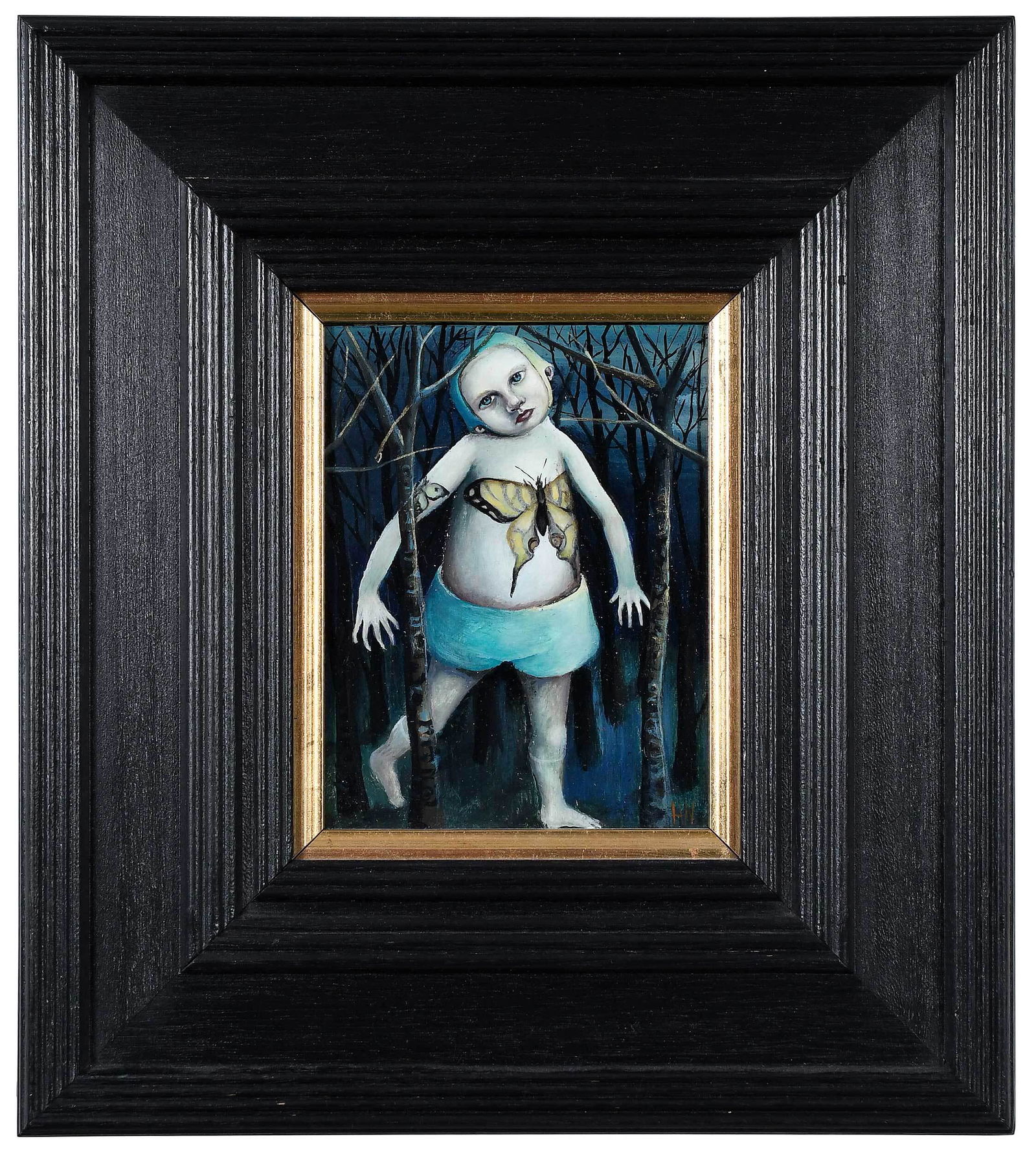 Heather Nevay Surrealist Figural Painting: (Scottish, born 1965) Moon Struck, monogram lower right "HN", acrylic on mill board, 6-3/8 x 5 in.; black painted wood frame, 12 x 10-3/4 in. Provenance: Portal Gallery, London (label verso); Private
