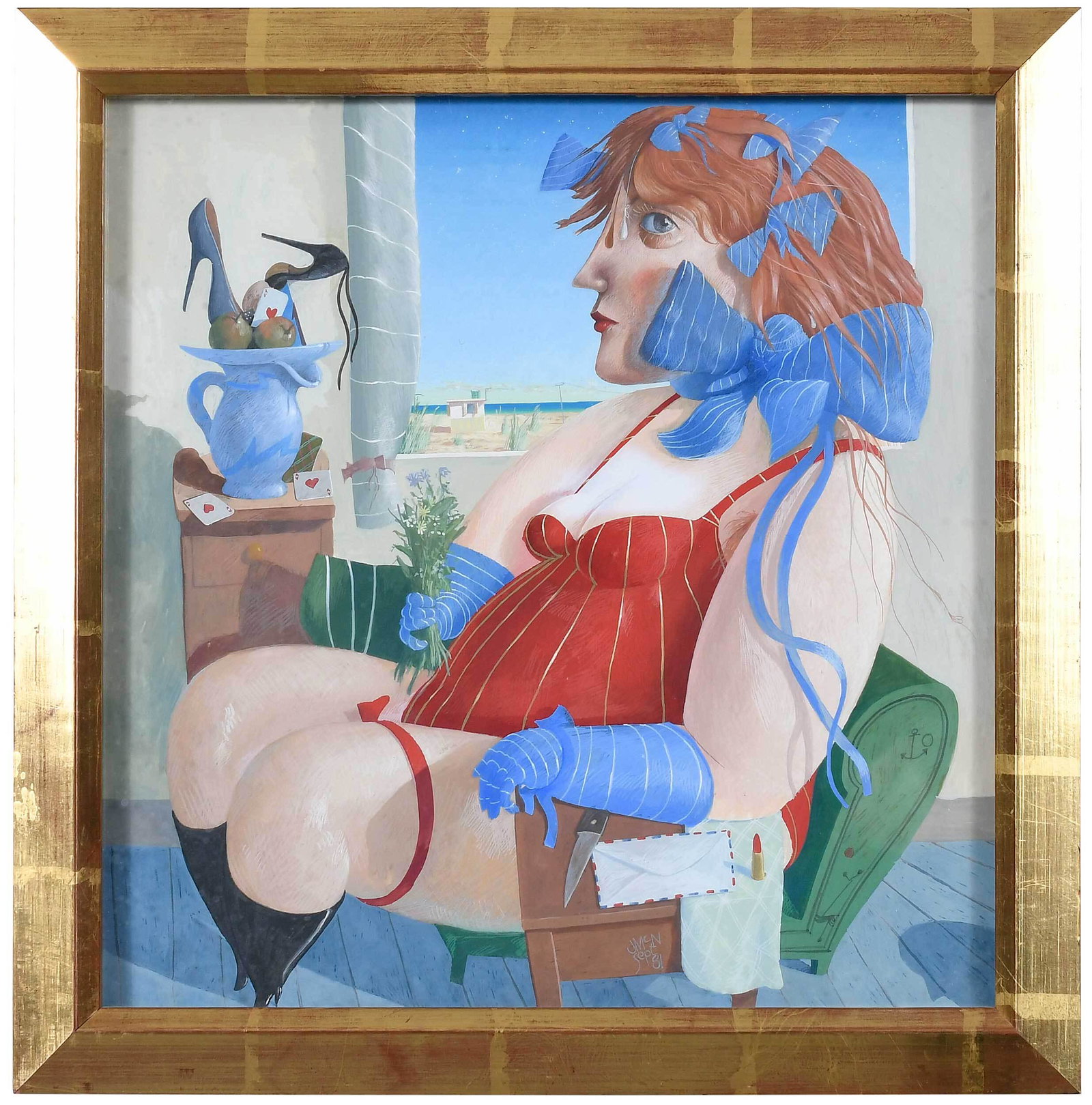 James McNaught Surrealist Figural Painting: (Scottish, born 1948) Miss Sport, 1981, signed bottom middle "JMcN/Sept/81", gouache, sight 11-1/2 x 11-1/2 in.; gilt wood frame, 13-3/4 x 13-1/2 in. Provenance: Portal Gallery, London (label verso, a