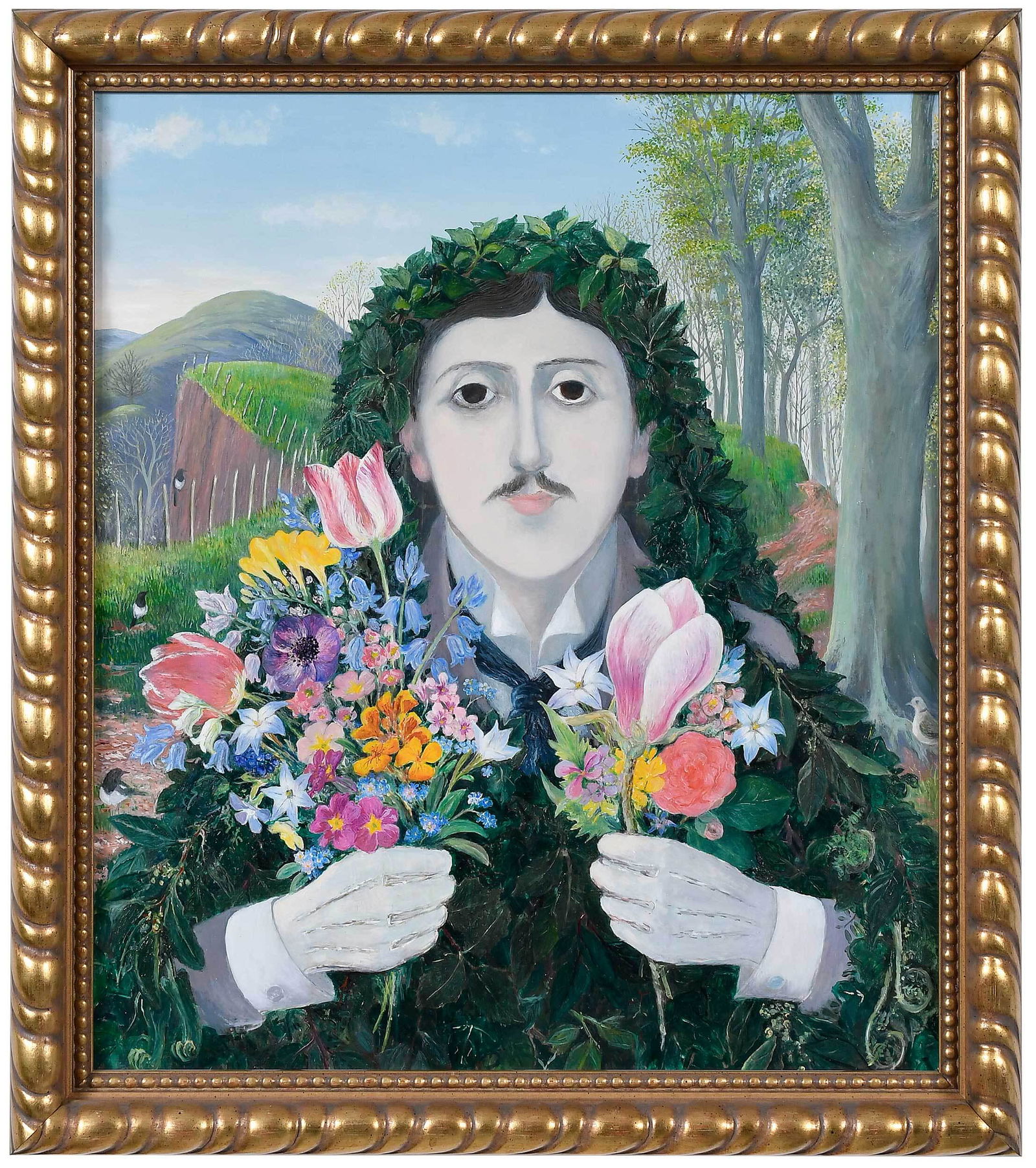 Patricia Neville Figural Painting: (20th/21st century) Proust, Magnolia, 1990, signed verso "Patricia Neville", oil on Masonite, 18-1/8 x 15-3/4 in.; gilt wood frame, 20-3/8 x 18 in. Provenance: Portal Gallery, London (accompanied by p