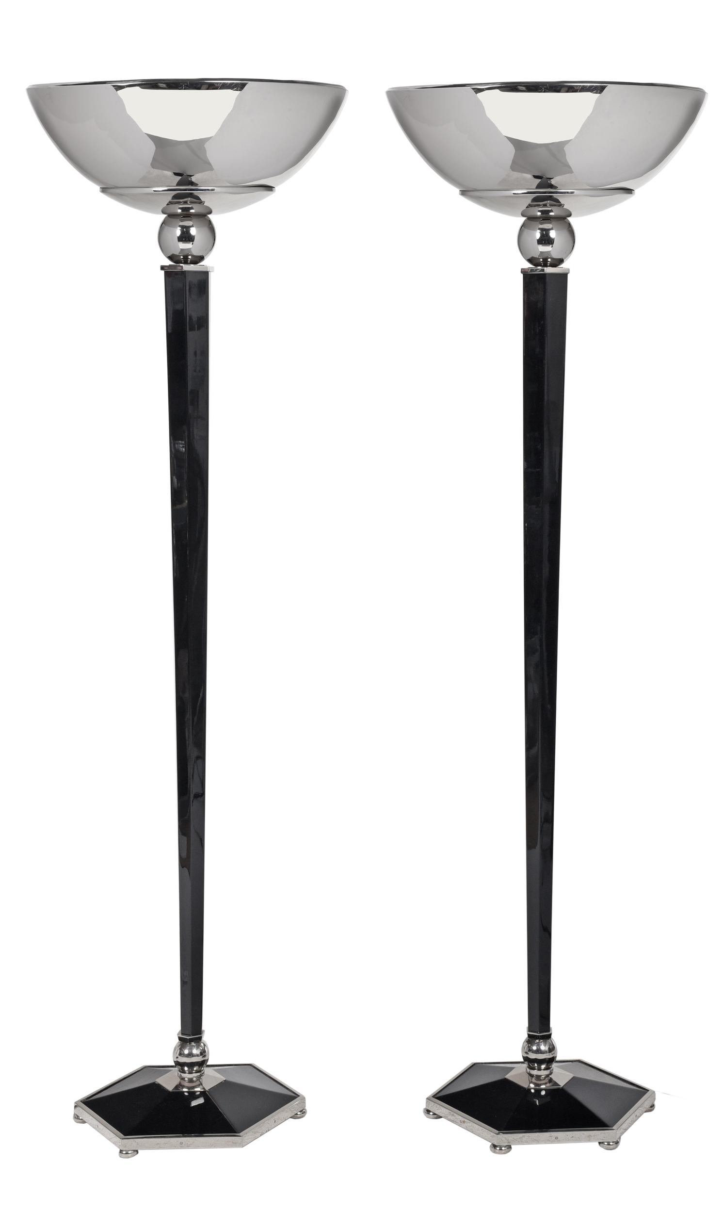 Pair of French Black Lacquered and Chromed Floor Lamps (1 of 5)