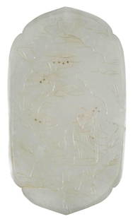 Chinese White Jade Plaque With Carved Scholar: pale white color with mottled whiteish inclusions, most likely an inset or box lid, two small drilled pinholes on side, carved depiction of a scholar amongst a rocky landscape with pine tree, with acc