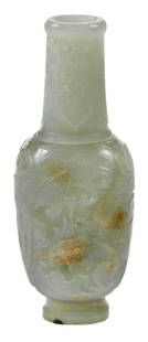 Chinese Jade or Hardstone Vase With Floral Decoration: pale green color with white and russet inclusions, flattened body form with stepped base, long neck, decorated in relief with carved floral elements on body, neck with repeating stylized cicada form,