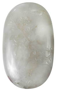 Chinese White Jade or Hardstone Plaque With Carving: white color with whitish and minimal dark inclusions, most likely a domed shaped insert, flowering tree with bat in flight, accession number reads "67.23.6" (accessioned in 1967), 4 x 2-3/8 x 3/8