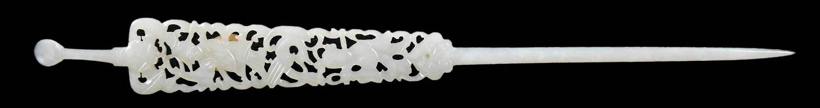 Chinese Carved Jade or Hardstone Hair Ornament: pale green jade color with reticulated carving of two robed figures, 8 in. Note: Tests as Jadeite on the Presidium Gem Tester II. Provenance: Charles M. Blackmon Collection, South Carolina; Property f