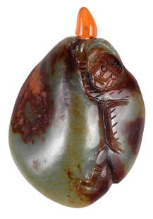 Chinese Jade or Hardstone Snuff Bottle Human Figure: dark green color with areas of russet, amorphous shape with carved relief of man on one edge, orange quartz finial on spoon, 2-1/2 x 2 in.Note: Tests for Jadeite on the Presidium Gem Tester