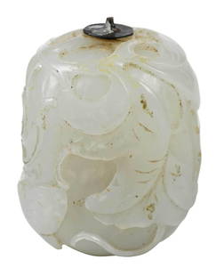 Chinese Gourd Form Jade or Hardstone Snuff Bottle: pale green color, carved with trailing leafy vines and butterfly, accession number reads "67.23.3" (accessioned in 1967), 2 x 1-5/8 x 1-1/2 in.Provenance: Charles M. Blackmon Collection, South