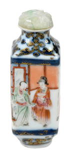 Chinese Porcelain Enameled Snuff Bottle: with reign mark of Jianqing (1796-1820), rectangular form with tapering base to ring foot, flared rim, underglaze blue with iron red, yellow and green decoration of Buddha with attendants, gilt,