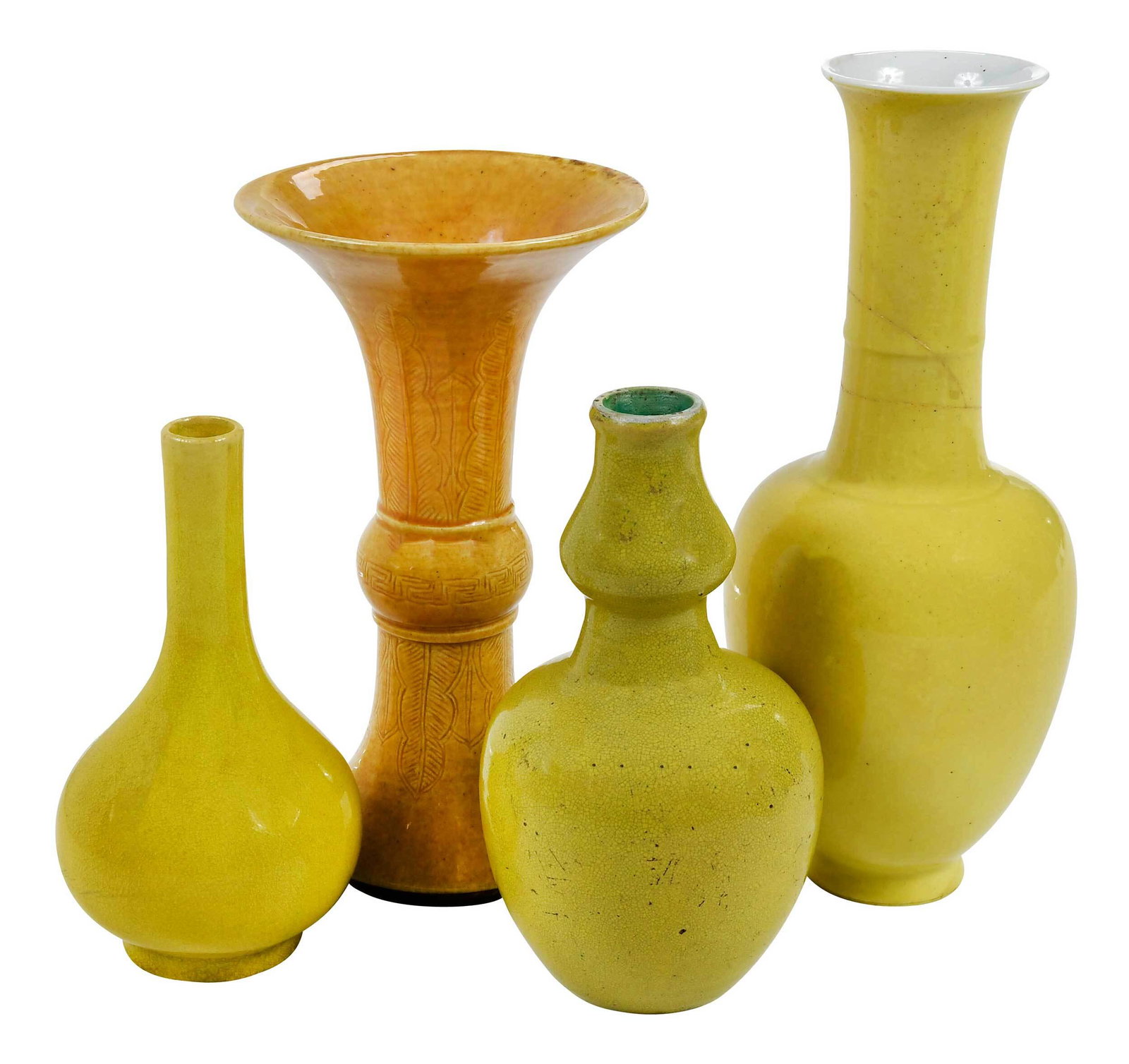 Four Chinese Yellow Glazed Porcelain Vases: one with underglaze blue Kangxi reign mark, thinly potted vase with molded band along the neck, covered in a lemon yellow glaze, white glaze interior, 7-5/8 in.; one with underglaze blue Yongzheng rei